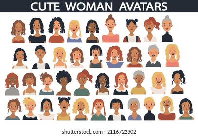 Cute Woman avatars. Different skin colors of the face, body, mouth, nose, eyes and ears, hairstyles and hair colors. Different age, nationality. Flat, cartoon illustration, vector.