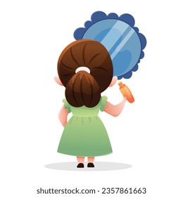 Cute woman in the bathroom in front of the mirror applying moisturizer to her skin.  Female character in cartoon style watching over her beauty. Skin care concept. 