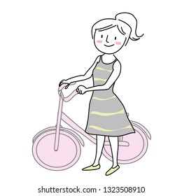 Cute woman with bicycle. Cheerful girl riding bike. Woman in summer dress walking her bike. Young woman with ponytail standing beside her bicycle, looking into camera. Doodle vector illustration.