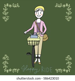 Cute woman with bike helmet carrying a shoulder bag and pushing a bicycle. Happy Ride with smiling woman smiling standing with city bike in simple floral frame. Vector illustration with doodle style.