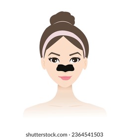 Cute woman with black charcoal pore strip on nose vector illustration isolated on white background. Nose pore strip remove blackheads, excess oil to help clear and tighten pores on nose.