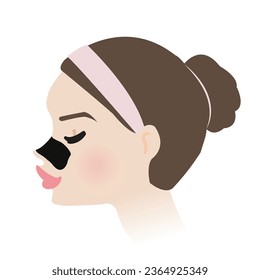 Cute woman with black charcoal pore strip on nose side view vector illustration isolated on white background. Blackhead removal nose pore strip, deep cleansing, unclogging and tighten pores on nose.