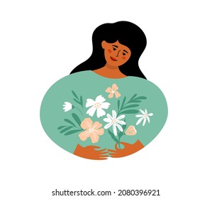 Cute Woman With Black Long Hair Holding Flowers In Hands. Beautiful Girl Holds Floral Bouquet. Self Love, Body Care. International Women Day Card. Female Health. Spring Holiday Vector Illustration