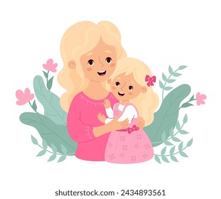 Cute woman blonde with baby daughter. Vector illustration flat cartoon style. Happy holiday female character for birthday, Women's Day, Mother's Day design.