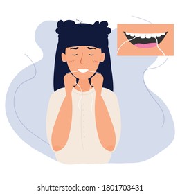 Cute woman brushes teeth with dental floss. Oral care and dental procedures concept. Correctly brush teeth. Oral hygiene every day. Vector illustration in flat style isolated on white background.