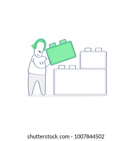 Cute woman building block wall, construction from blocks, concept of edifice, industry, engineering, building system from bricks, brainstorming, development, solution. Flat outline vector illustration
