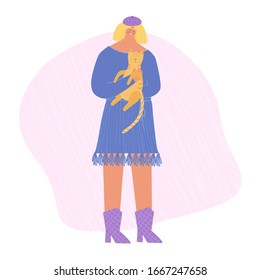 
Mujer linda cuidando de un gato. Ilustración vectorial.