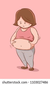 Cute Woman Cartoon Feel Fat. Holidng Her Stomach. Beauty Healthcare Illustration