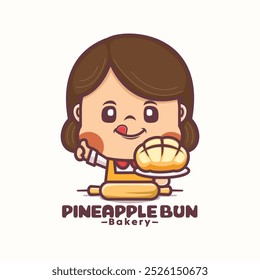 cute woman cartoon mascot design with pineapple bun, vector illustration in outline style.