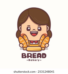 cute woman cartoon mascot design with bread, vector illustration in outline style.