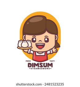 cute woman cartoon mascot with dim sum, vector illustration for culinary industry, cartoon logo, sticker, icon, etc.