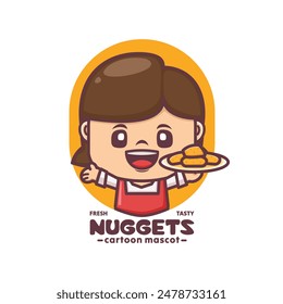 cute woman cartoon mascot with nuggets, vector illustration for culinary industry, cartoon logo, sticker, icon, etc.