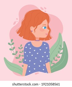 cute woman cartoon profile character, floral decoration vector illustration