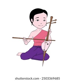 Cute woman cartoon sit palying a Thai instrument Saw Sam Sai.