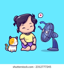Cute Woman And Cat Sitting With Fan Cartoon Vector Icon Illustration. People Animal Icon Concept Isolated Premium Vector. Flat Cartoon Style