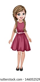 Cute Woman Character in Beautiful Clothes Standing Isolated on White Background. Pretty Lady Smiling and Cartoon Vector Illustration