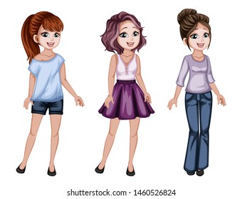 Cute Woman Character in Beautiful Clothes Standing Isolated on White Background. Pretty Lady Smiling and Cartoon Vector Illustration