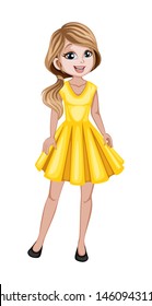 Cute Woman Character in Beautiful Clothes Standing Isolated on White Background. Pretty Lady Smiling and Cartoon Vector Illustration