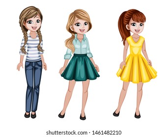Cute Woman Character in Beautiful Clothes Standing Isolated on White Background. Pretty Lady Smiling and Cartoon Vector Illustration