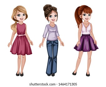 Cute Woman Character in Beautiful Clothes Standing Isolated on White Background. Pretty Lady Smiling and Cartoon Vector Illustration