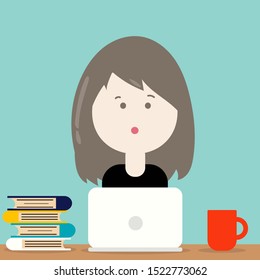Cute woman character cartoon vector design: A woman or girl has a long hair working at work area, books, laptop and red mug of hot coffee on the table.