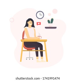 Cute woman character design enjoy coffee in the house with clock, table, chairs and cactus tree elements. People social distance concept during quarantine. Vector illustration in flat cartoon style.