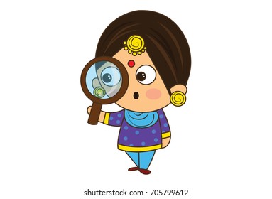 Cute Woman Character with a magnifying glass. vector Illustration. Isolated on white background.