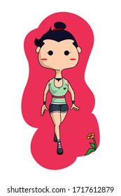 Cute Woman Character, a woman with ponytail do jogging with red background
