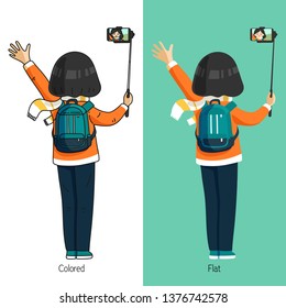 Cute woman character selfie with selfie stick use for illustration vector cartoon