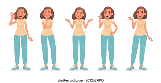 Cute woman character set. Happy girl greets, thinks, don't know gesture, shrugs, idea, problem solution, says something. Vector illustration in cartoon style