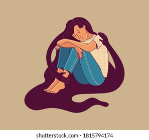 Cute woman character sitting hugged by creature silhouette hands on beige background as symbol of mental health psychotherapy self care compassion