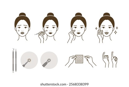 A cute woman character who extracts and removes whitehead, zit, acne with pimple potter tool and trouble patch