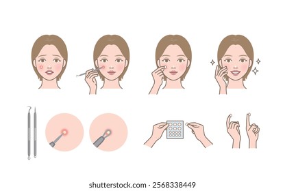 A cute woman character who extracts and removes whitehead, zit, acne with pimple potter tool and trouble patch