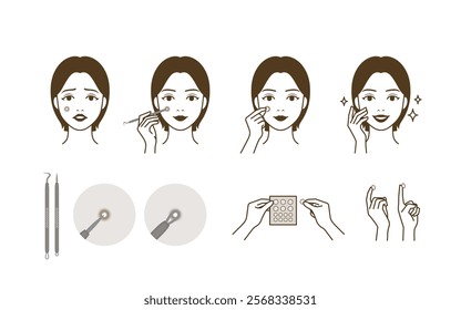 A cute woman character who extracts and removes whitehead, zit, acne with pimple potter tool and trouble patch