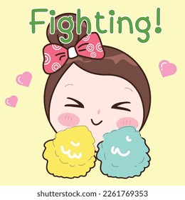 Cute woman cheerleader with pom-pom signs of encouragement on yellow background, flat style vector illustration.