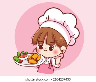 Cute woman chef holding Fried spring rolls asian food hand drawn restaurant logo cartoon art illustration