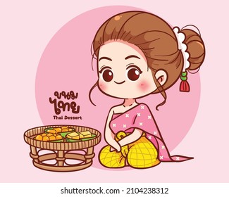 Cute woman chef holding Thai Dessert logo tasty sweet food hand drawn cartoon art illustration