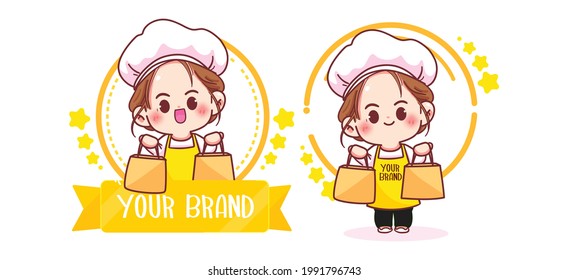 Cute woman chef logo cartoon art illustration