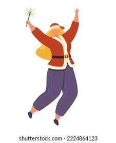 Cute woman in christmas clothes jumps with a bengal light in her hand