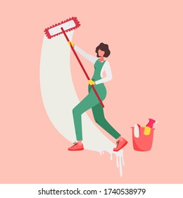 Cute woman with cleaning supplies banner design. Girl washes a wall
hand drawn poster. Cleaning company concept. Cleaner at work vector illustration in flat cartoon style