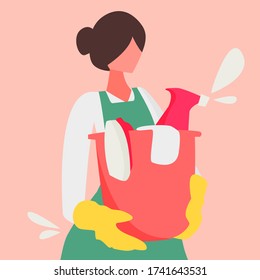 Cute woman with cleaning supplies banner design. Girl with a bucket in her hands. Cleaning company concept. Cleaner at work vector illustration in flat cartoon style