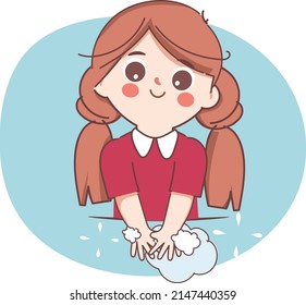 Cute woman cleansing hands with hand soap. Protection from virus covid-19. Cute cartoon character doodle style.