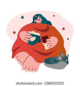Cute woman with coffee and chocolate in a warm blanket. The concept of a cozy mood. vector.