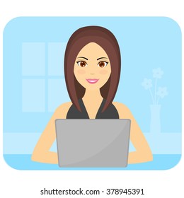 Cute woman with computer, vector illustration.
