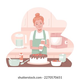 Cute woman confectioner prepares a cake. Vector illustration in flat style