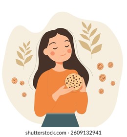 Cute woman with cookies vector illustration cartoon character Girl with chunky cookies on white background
