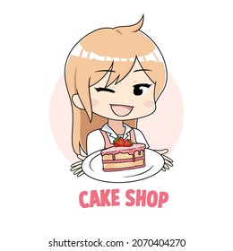 Cute Woman Cooking Cake Bakery Logo, Chef Girl Cartoon Illustration