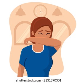 Cute Woman Coughin On Her Elbow Prevention And Selfcare Vector Illustration