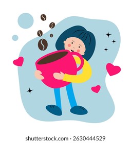 Cute Woman with a cup of coffee on a white background. Espresso, Americano, coffee beans