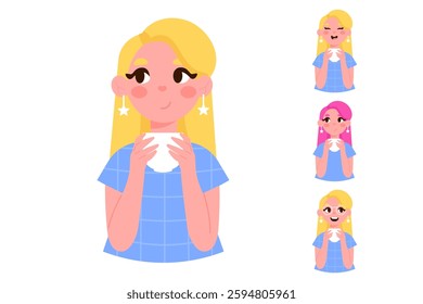 Cute woman with a cup of coffee or tea portrait avatar. Character with different emotions cartoon style 